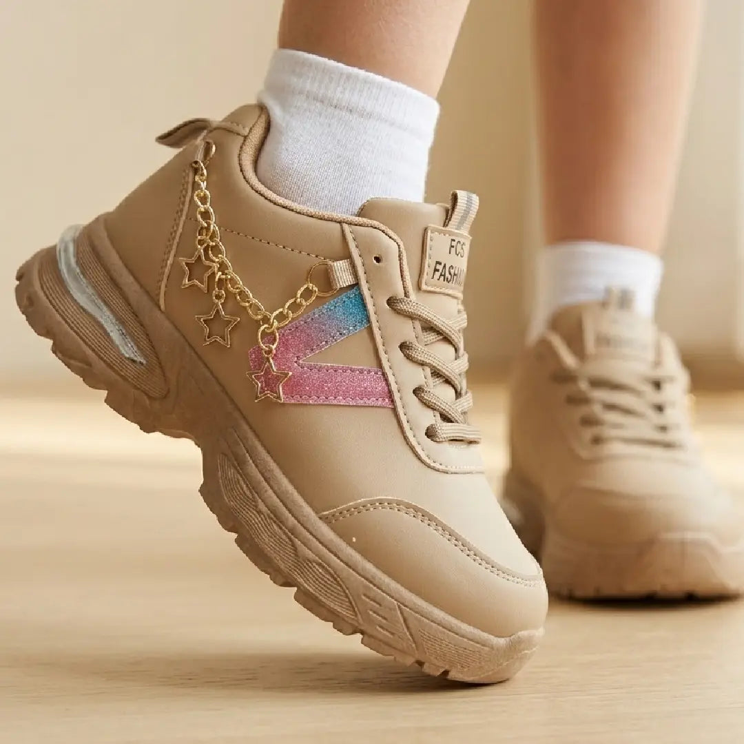 Girls' Beige Fancy Sneakers – Stylish Chain Shoes