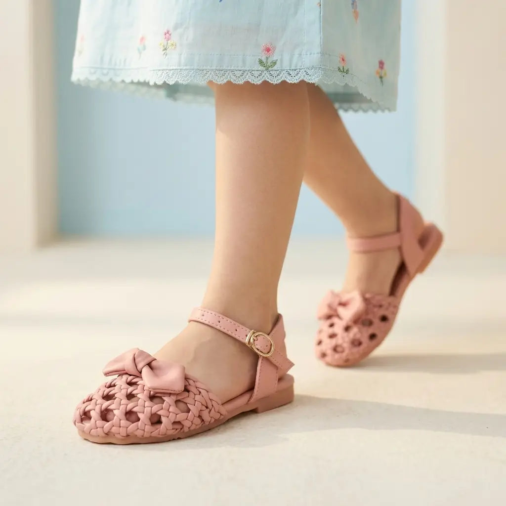Girls Elegant Black Woven  Sandals with Bow