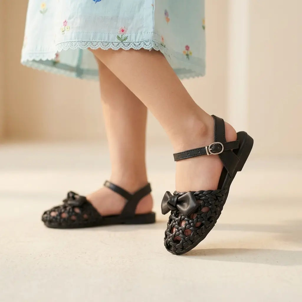 Girls Elegant Black Woven  Sandals with Bow
