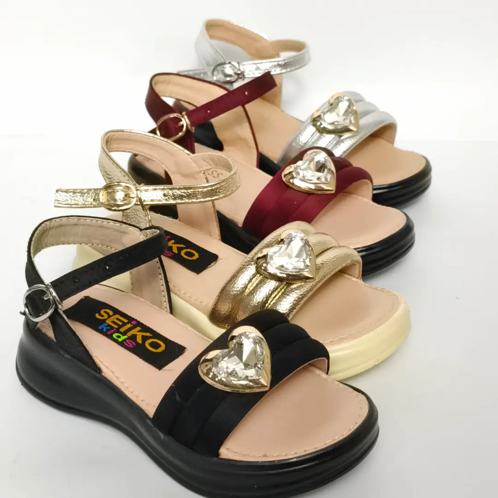 Girls' Crystal Heart Metallic Party Sandals