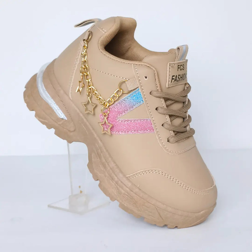 Girls' Beige Fancy Sneakers – Stylish Chain Shoes