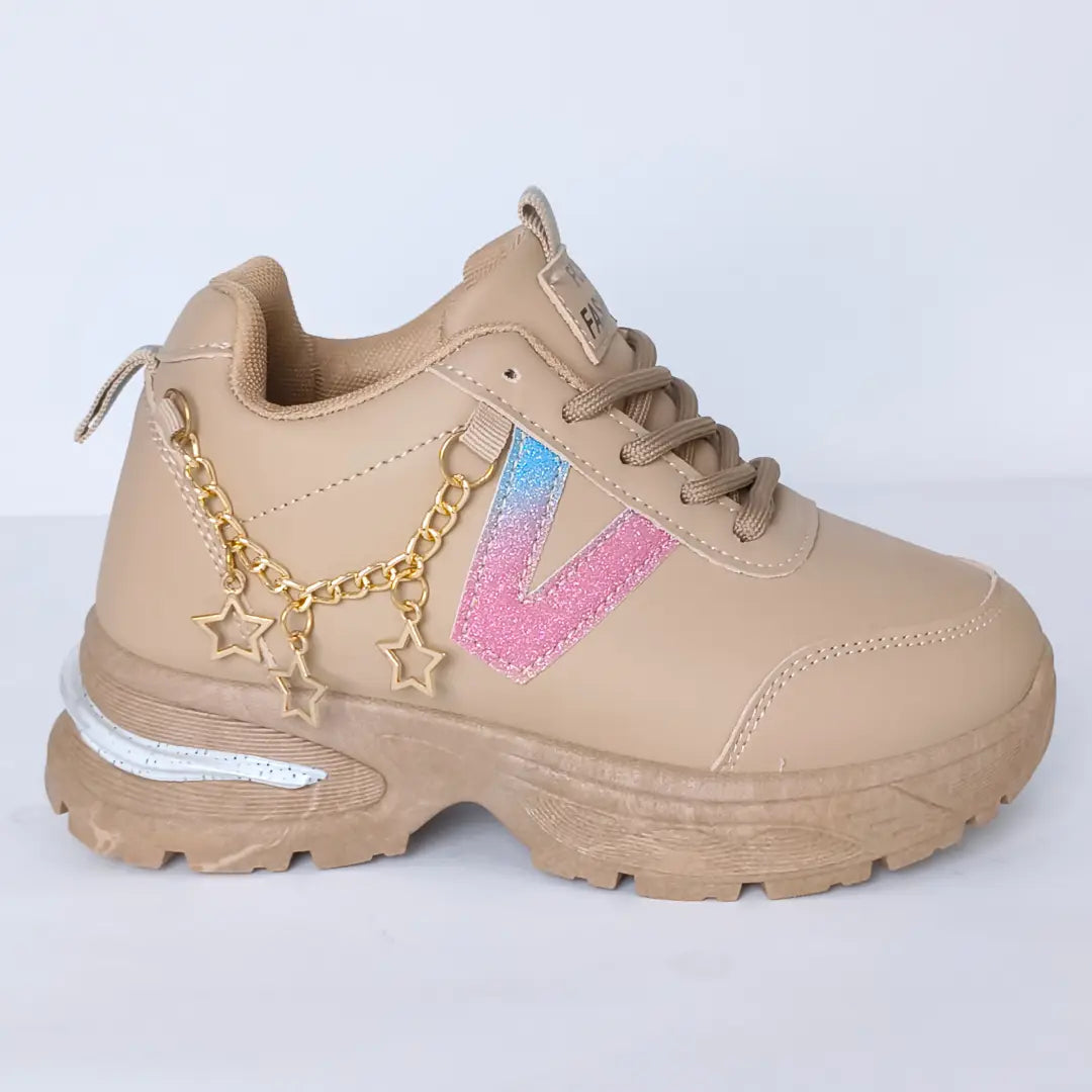 Girls' Beige Fancy Sneakers – Stylish Chain Shoes