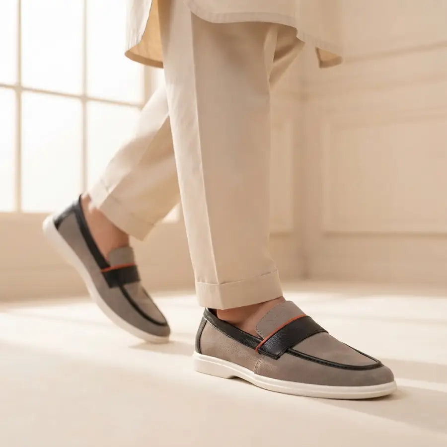 Men's Grey Suede Loafers with Contrast Strap