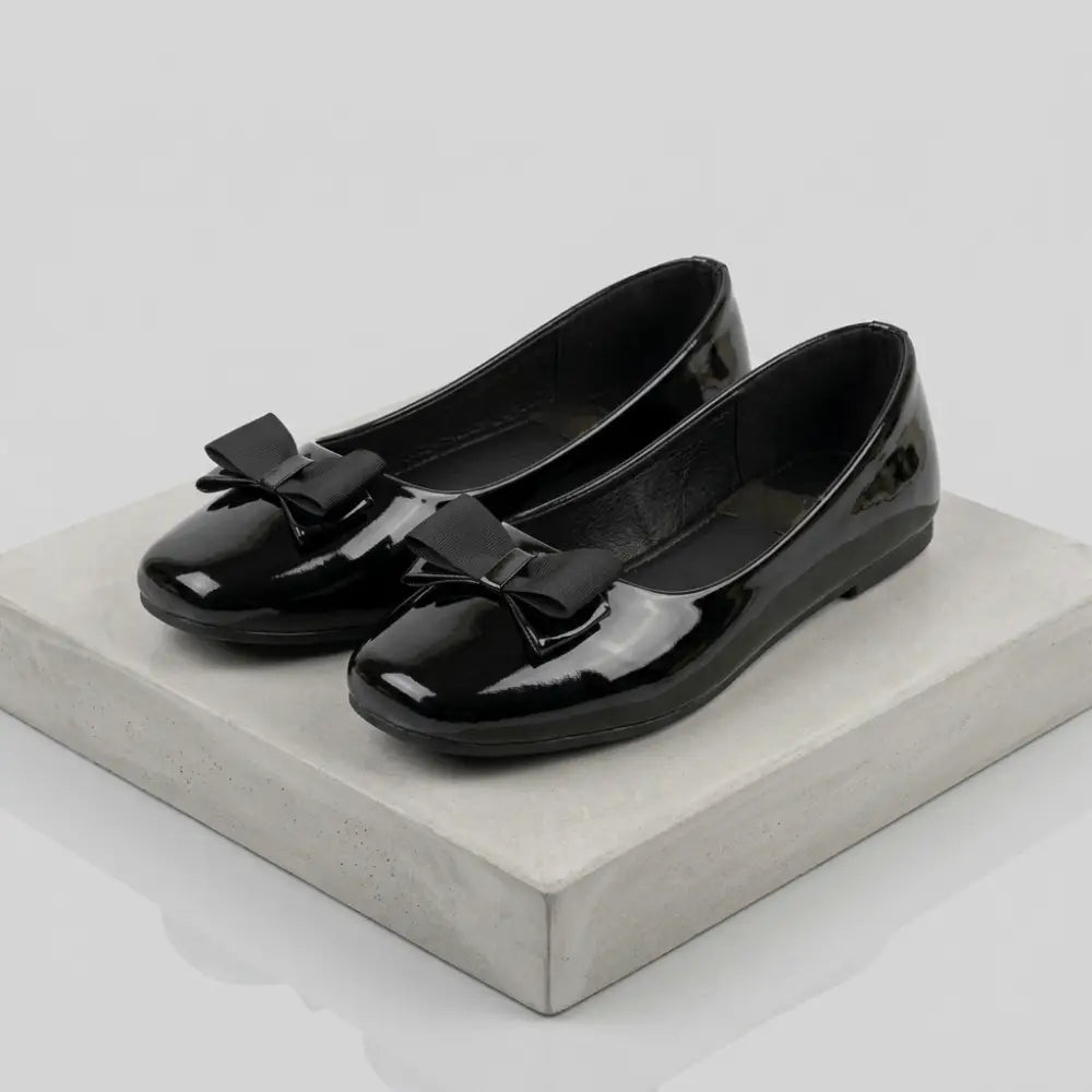 Girls' Patent Black Ballerina Flats with Ribbon Bow - college shoes