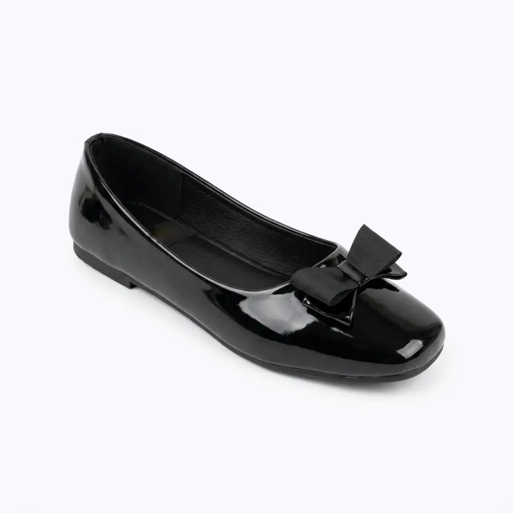 Girls' Patent Black Ballerina Flats with Ribbon Bow - college shoes