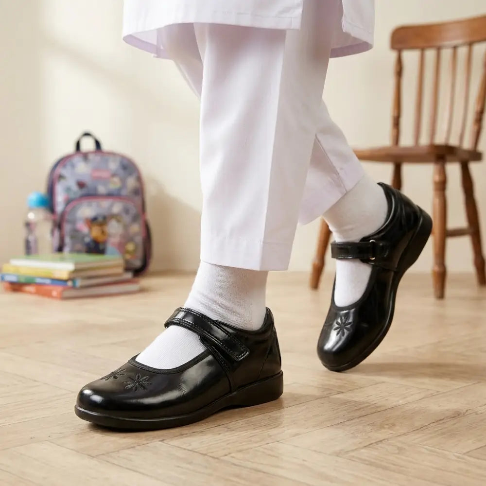 Girls’ Floral Patent Mary Janes – Glossy School Shoes