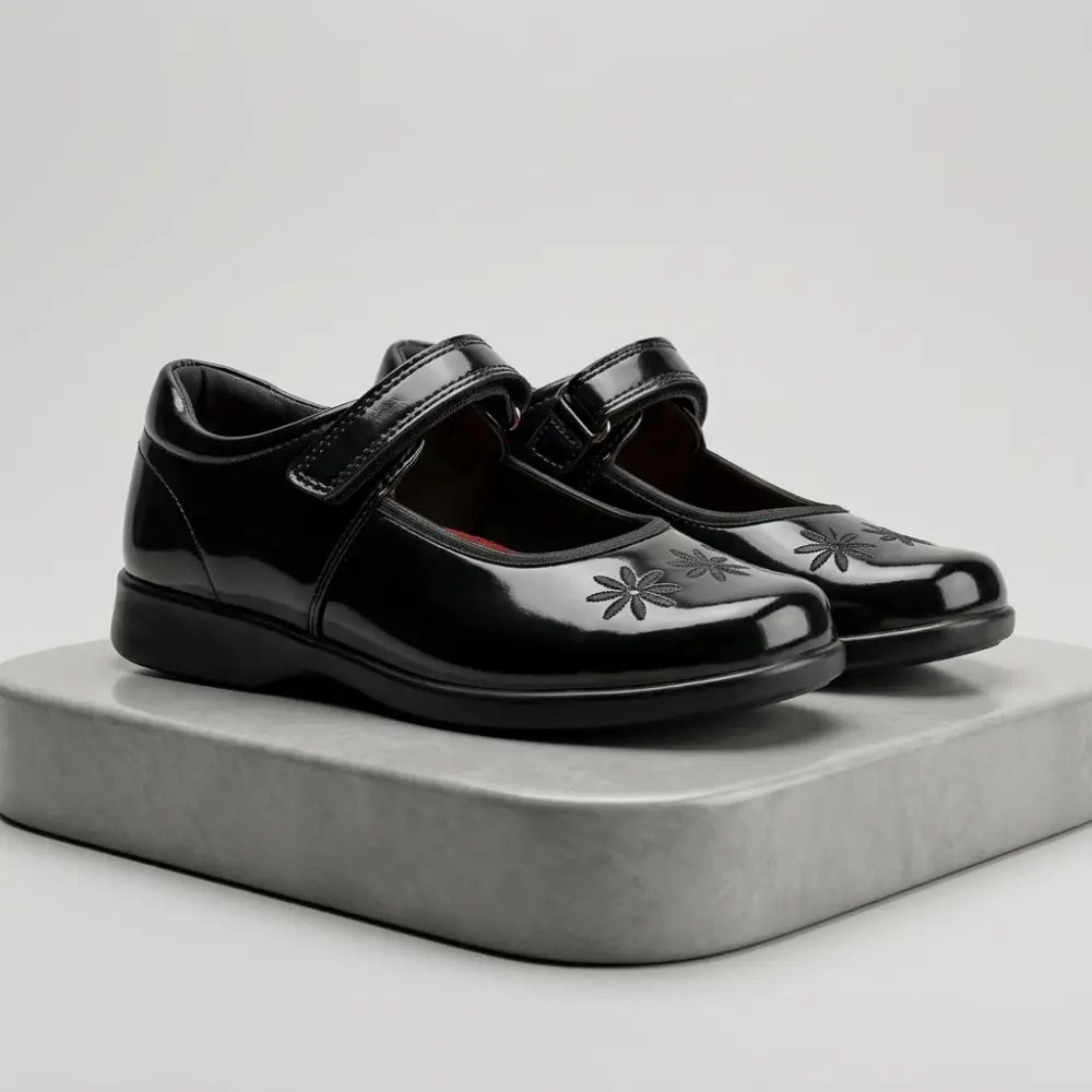 Girls’ Floral Patent Mary Janes – Glossy School Shoes