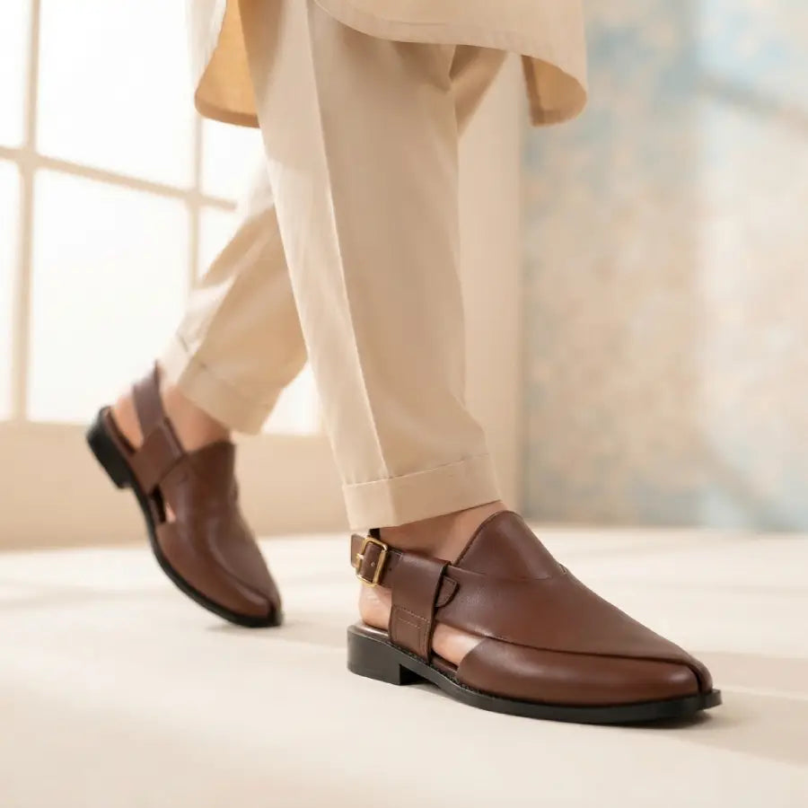 Men's Brown Black Traditional Peshawari Chappal Style Sandal