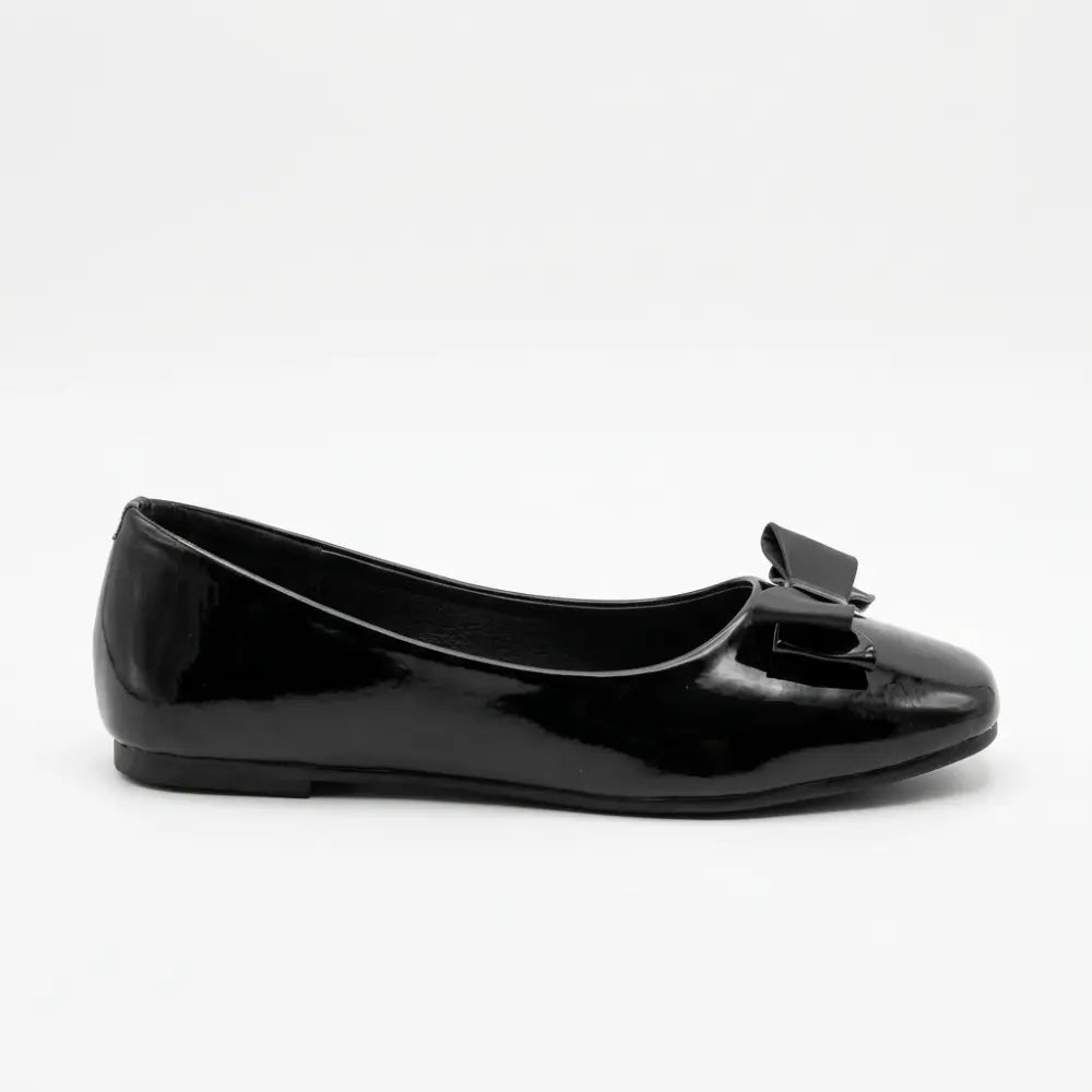Girls' Patent Black Ballerina Flats with Ribbon Bow - college shoes