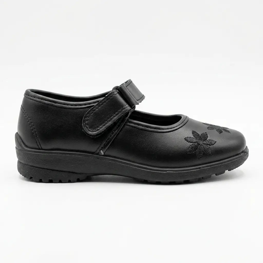 Girls Black Velcro Strap School Shoes