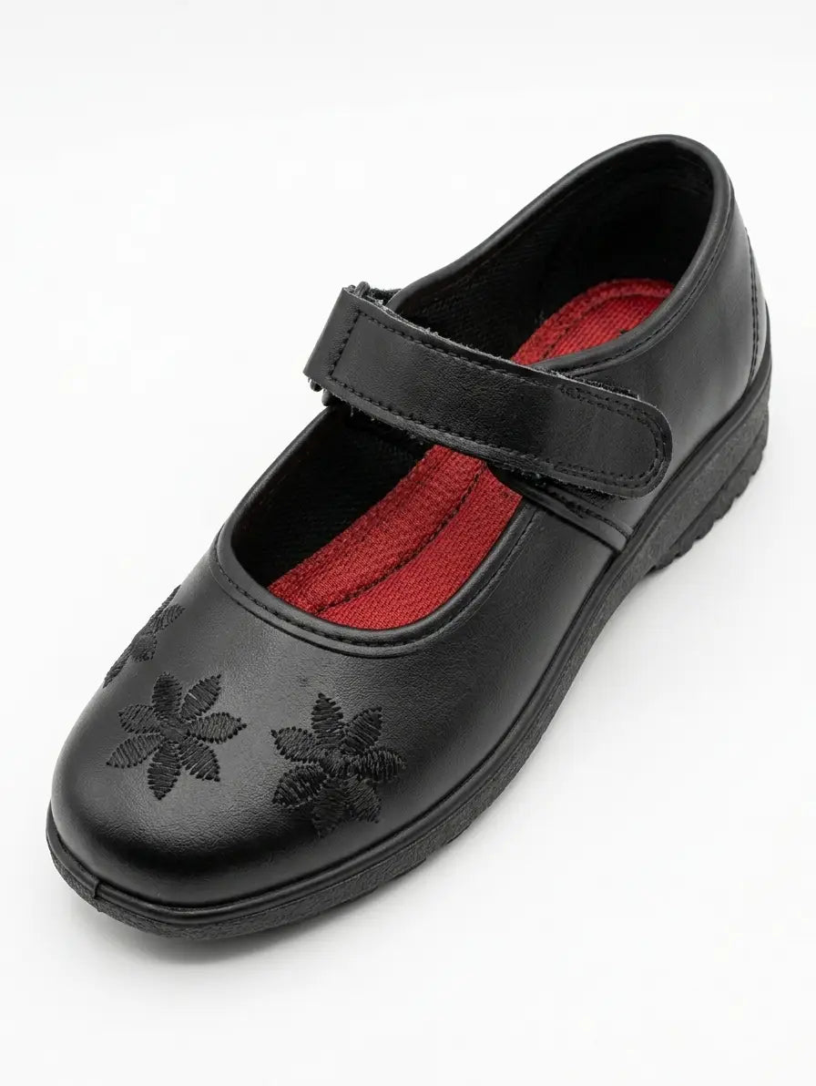 Girls Black Velcro Strap School Shoes
