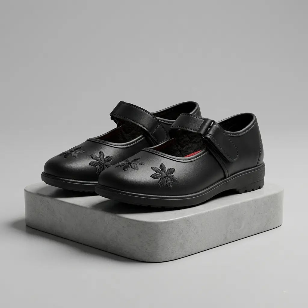Girls Black Velcro Strap School Shoes